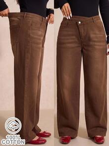 Elaquor Plus Size Asymmetrical Waist Straight Leg Brown Jeans, Fall Winter Casual Versatile Jeans, Brown Color Outfits, Daily, Commuter, Elegant Wear, Party. - Brown - View 8