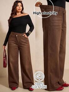 Elaquor Plus Size Asymmetrical Waist Straight Leg Brown Jeans, Fall Winter Casual Versatile Jeans, Brown Color Outfits, Daily, Commuter, Elegant Wear, Party. - Brown - View 2