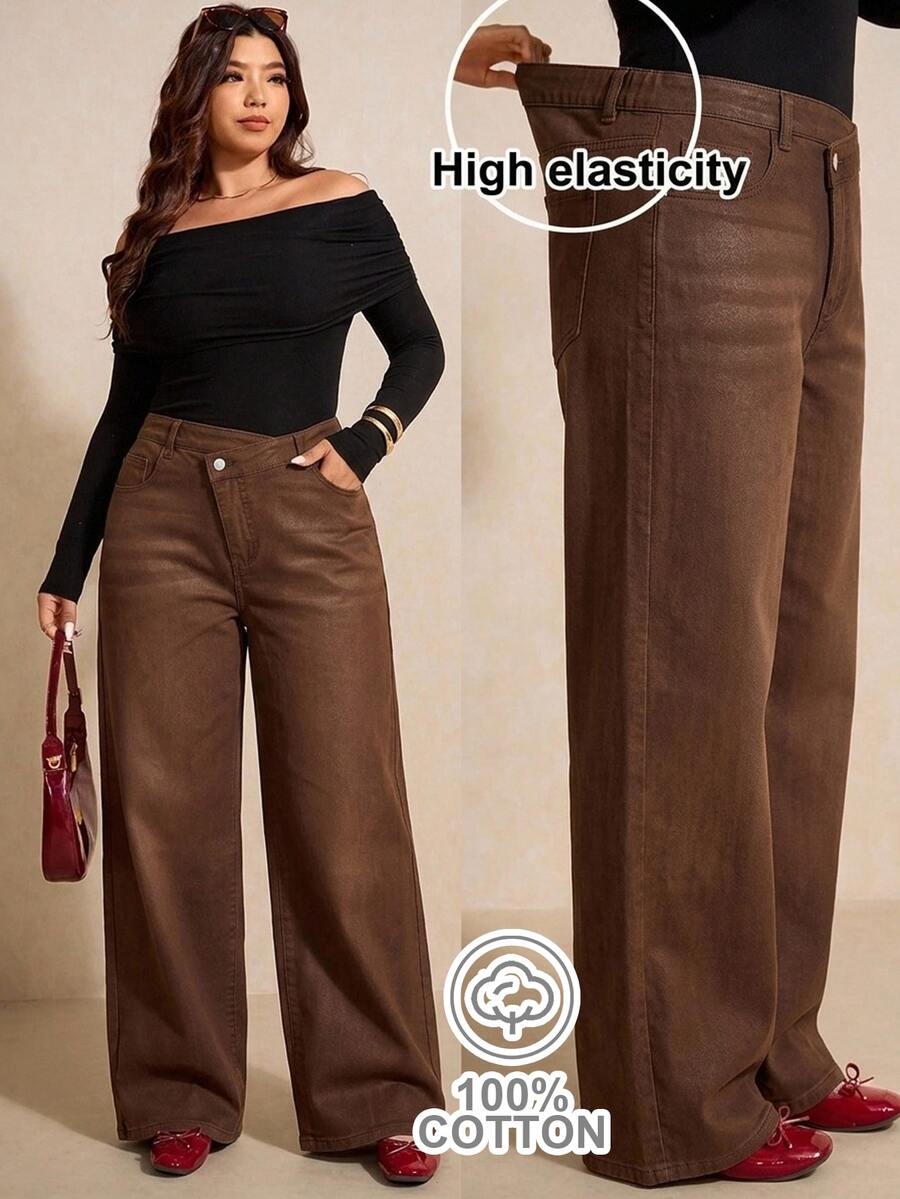 Elaquor Plus Size Asymmetrical Waist Straight Leg Brown Jeans, Fall Winter Casual Versatile Jeans, Brown Color Outfits, Daily, Commuter, Elegant Wear, Party.