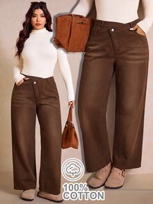 Elaquor Plus Size Asymmetrical Waist Straight Leg Brown Jeans, Fall Winter Casual Versatile Jeans, Brown Color Outfits, Daily, Commuter, Elegant Wear, Party. - Brown - View 9