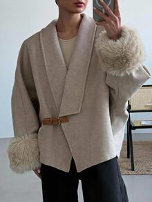 Aloruh Women's Solid Color Buckle Design Casual Versatile Wool Blend Jacket - Mocha Brown - View 3