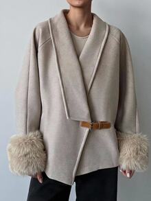 Aloruh Women's Solid Color Buckle Design Casual Versatile Wool Blend Jacket - Mocha Brown - View 5