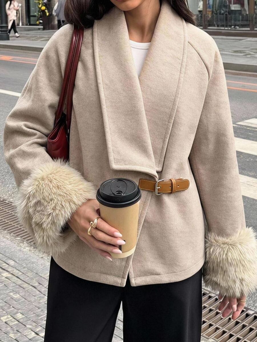 Aloruh Women's Solid Color Buckle Design Casual Versatile Wool Blend Jacket - Mocha Brown - View 1