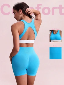 SHEIN Sovereign Charm مجموعة صدرية رياضية بدون سلك مريحة وشورت بألوان متباينة للنساء لفصل الصيف - الأزرق - مشاهدة 1