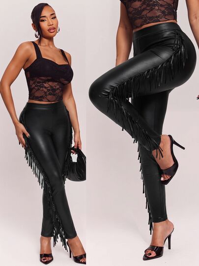 Radiana Women's Fall Sexy Nomad Style High Waist Slim Fit Side Tassel PU Leggings, Daily Casual Outing, Shopping, Gathering Concert Club, Halloween Black