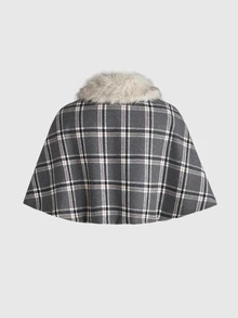 ROMWE Kawaii Y2K Vintage Retro Academy Plaid Cape Versatile Loose Wool Blend Regular Fit Women's Jacket - Grey - View 2