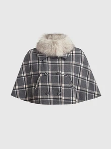 ROMWE Kawaii Y2K Vintage Retro Academy Plaid Cape Versatile Loose Wool Blend Regular Fit Women's Jacket - Grey - View 1