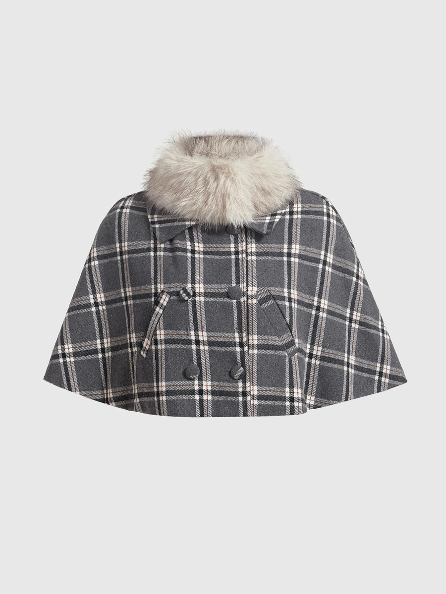 ROMWE Kawaii Y2K Vintage Retro Academy Plaid Cape Versatile Loose Wool Blend Regular Fit Women's Jacket - Grey - View 1