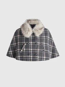 ROMWE Kawaii Y2K Vintage Retro Academy Plaid Cape Versatile Loose Wool Blend Regular Fit Women's Jacket - Grey - View 5