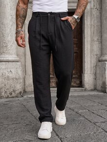 Manfinity CasualCool Men's Casual Linen Blend Pants, Black Loose-Fit Pants, Drawstring Breathable Pants, Vintage Old Coin Style - Black - View 4