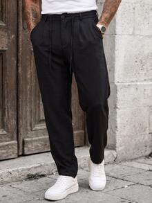Manfinity CasualCool Men's Casual Linen Blend Pants, Black Loose-Fit Pants, Drawstring Breathable Pants, Vintage Old Coin Style - Black - View 5