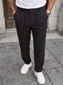 Manfinity CasualCool Men's Casual Linen Blend Pants, Black Loose-Fit Pants, Drawstring Breathable Pants, Vintage Old Coin Style - Black - View 3