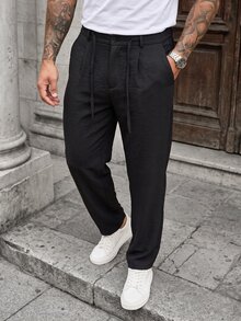 Manfinity CasualCool Men's Casual Linen Blend Pants, Black Loose-Fit Pants, Drawstring Breathable Pants, Vintage Old Coin Style - Black - View 1