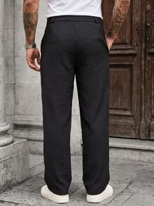 Manfinity CasualCool Men's Casual Linen Blend Pants, Black Loose-Fit Pants, Drawstring Breathable Pants, Vintage Old Coin Style - Black - View 2