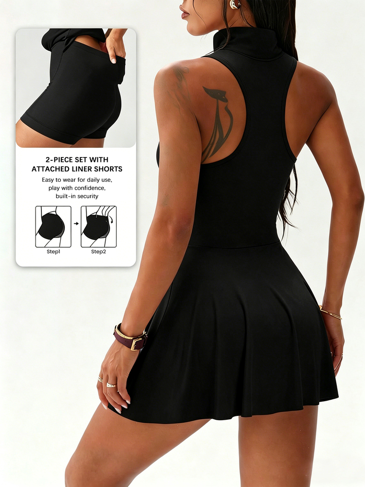 SHEIN Sovereign Charm Women's Black And Pink Summer Casual Athleisure Sleeveless Sports Dress, Stand Collar Half-Open Zipper, Attached Shorts With Pockets, Tennis - Black - View 2