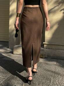 DAZY Fall/ Dark Brown Wool High Waist Bodycon Straight Mid-Length Skirt, Minimalist Elegant Commute Work Date Wedding Office Women's Skirt - Brown - View 4