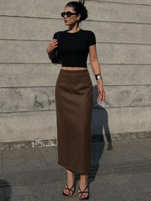 DAZY Fall/ Dark Brown Wool High Waist Bodycon Straight Mid-Length Skirt, Minimalist Elegant Commute Work Date Wedding Office Women's Skirt - Brown - View 7