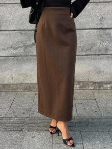 DAZY Fall/ Dark Brown Wool High Waist Bodycon Straight Mid-Length Skirt, Minimalist Elegant Commute Work Date Wedding Office Women's Skirt - Brown - View 5