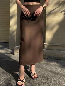 DAZY Fall/ Dark Brown Wool High Waist Bodycon Straight Mid-Length Skirt, Minimalist Elegant Commute Work Date Wedding Office Women's Skirt - Brown - View 8