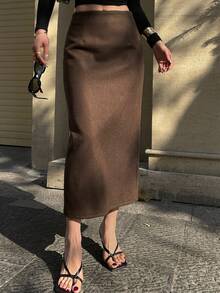 DAZY Fall/ Dark Brown Wool High Waist Bodycon Straight Mid-Length Skirt, Minimalist Elegant Commute Work Date Wedding Office Women's Skirt - Brown - View 2