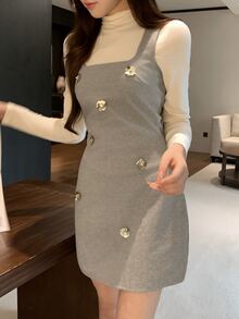 DAZY Summer Metal Buckle Flower Decor Strap Knitted Wool Tank Dress Sweet French Preppy Elegant Commute Brunch Wedding Banquet Women Short Cream White Grey - Khaki - View 11