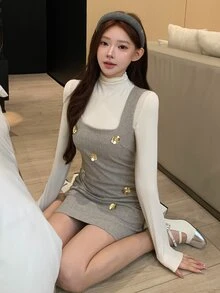 DAZY Summer Metal Buckle Flower Decor Strap Knitted Wool Tank Dress Sweet French Preppy Elegant Commute Brunch Wedding Banquet Women Short Cream White Grey - Khaki - View 6