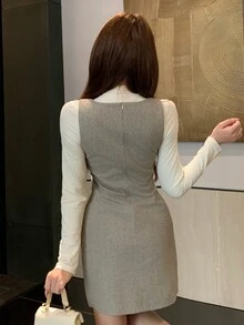 DAZY Summer Metal Buckle Flower Decor Strap Knitted Wool Tank Dress Sweet French Preppy Elegant Commute Brunch Wedding Banquet Women Short Cream White Grey - Khaki - View 9