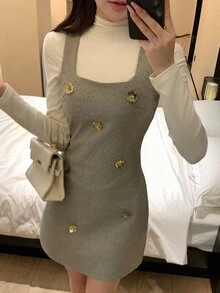 DAZY Summer Metal Buckle Flower Decor Strap Knitted Wool Tank Dress Sweet French Preppy Elegant Commute Brunch Wedding Banquet Women Short Cream White Grey - Khaki - View 4