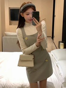 DAZY Summer Metal Buckle Flower Decor Strap Knitted Wool Tank Dress Sweet French Preppy Elegant Commute Brunch Wedding Banquet Women Short Cream White Grey - Khaki - View 10