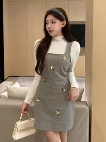 DAZY Summer Metal Buckle Flower Decor Strap Knitted Wool Tank Dress Sweet French Preppy Elegant Commute Brunch Wedding Banquet Women Short Cream White Grey - Khaki - View 2