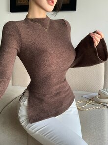 Joudiya Atasan Dalaman Rajut Bergaris Leher Tinggi Slim Fit Warna Cokelat Musim Gugur/Dingin, Lengan Lonceng, Kaos Wanita Elegan untuk Kantor, Perjalanan, dan Kencan - Coklat - View 4