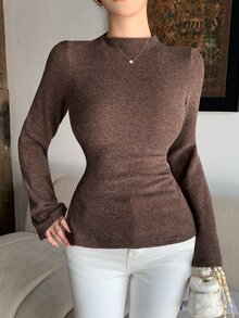 Joudiya Atasan Dalaman Rajut Bergaris Leher Tinggi Slim Fit Warna Cokelat Musim Gugur/Dingin, Lengan Lonceng, Kaos Wanita Elegan untuk Kantor, Perjalanan, dan Kencan - Coklat - View 7