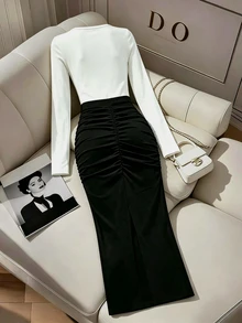 Eryvara Spring/Autumn Mature Commuter Style Black & White Contrast Square Neck Long Sleeve Top + Metal Buckle Ruched Slit Midi Skirt 2-Piece Set, Slim Fit Elastic Knit Outfit For Office, Date And Daily Wear - Multicolor - View 7