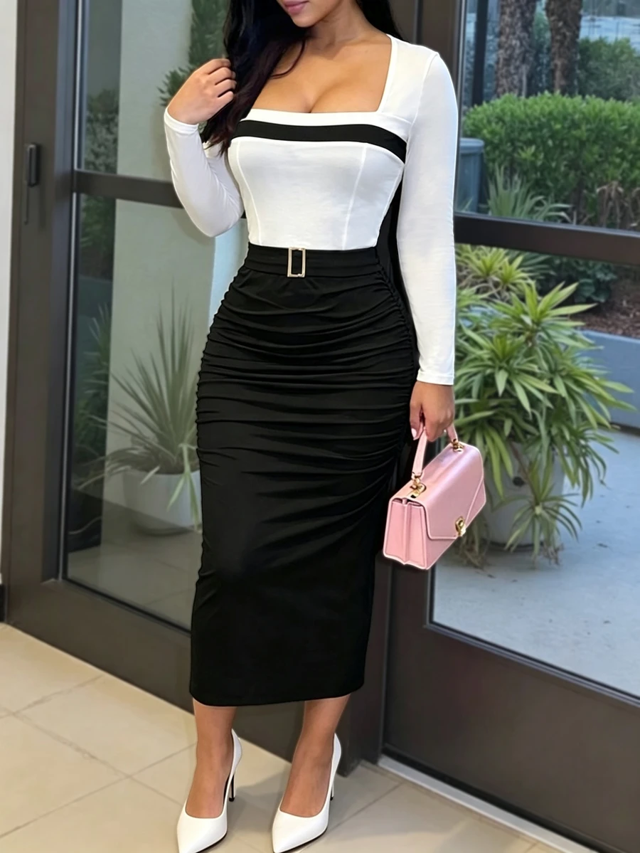 Eryvara Spring/Autumn Mature Commuter Style Black & White Contrast Square Neck Long Sleeve Top + Metal Buckle Ruched Slit Midi Skirt 2-Piece Set, Slim Fit Elastic Knit Outfit For Office, Date And Daily Wear - Multicolor - View 1