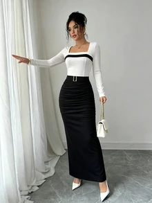 Eryvara Spring/Autumn Mature Commuter Style Black & White Contrast Square Neck Long Sleeve Top + Metal Buckle Ruched Slit Midi Skirt 2-Piece Set, Slim Fit Elastic Knit Outfit For Office, Date And Daily Wear - Multicolor - View 2