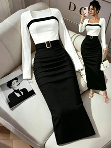 Eryvara Spring/Autumn Mature Commuter Style Black & White Contrast Square Neck Long Sleeve Top + Metal Buckle Ruched Slit Midi Skirt 2-Piece Set, Slim Fit Elastic Knit Outfit For Office, Date And Daily Wear - Multicolor - View 5