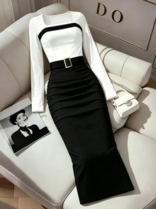 Eryvara Spring/Autumn Mature Commuter Style Black & White Contrast Square Neck Long Sleeve Top + Metal Buckle Ruched Slit Midi Skirt 2-Piece Set, Slim Fit Elastic Knit Outfit For Office, Date And Daily Wear - Multicolor - View 6