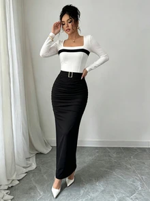 Eryvara Spring/Autumn Mature Commuter Style Black & White Contrast Square Neck Long Sleeve Top + Metal Buckle Ruched Slit Midi Skirt 2-Piece Set, Slim Fit Elastic Knit Outfit For Office, Date And Daily Wear - Multicolor - View 3