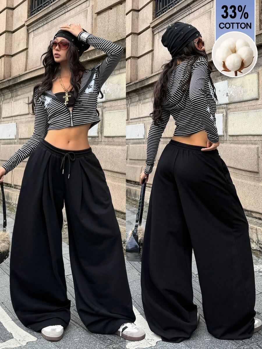 Coolane Women's Solid Color Drawstring Waist Wide Leg Loose Casual Long Pants