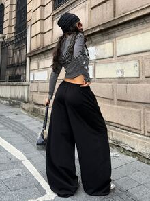 Coolane Women's Solid Color Drawstring Waist Wide Leg Loose Casual Long Pants - Black - View 8