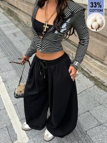 Coolane Women's Solid Color Drawstring Waist Wide Leg Loose Casual Long Pants - Black - View 4
