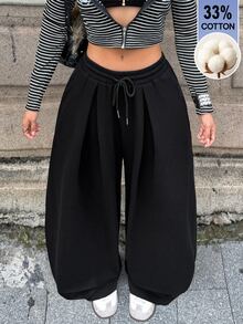 Coolane Women's Solid Color Drawstring Waist Wide Leg Loose Casual Long Pants - Black - View 6