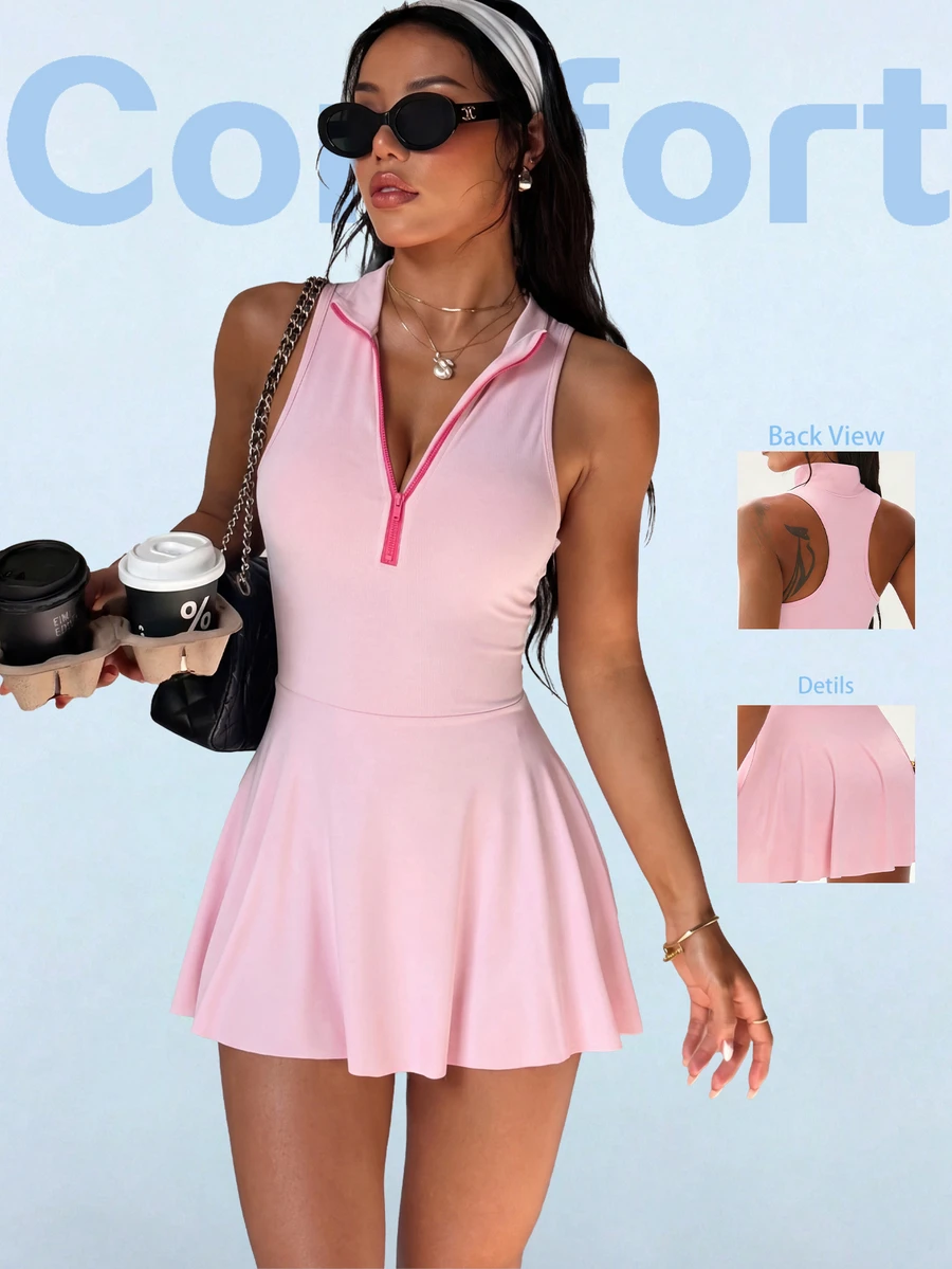SHEIN Sovereign Charm Women's Light Pink Summer Casual Cute Active Tennis Dress, Sleeveless Racerback Athletic With Built In Pocket Shorts, Stand Collar Half-Open Zipper - Pink - View 1