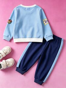 Nick 90s | SHEIN GraphicGems 男嬰淘氣小士兵印花 2 件套，對比色長袖圓領衛衣搭配圖案，側條紋鬆緊腰收口長褲，春秋休閒兒童日常穿搭套裝 - 藍色 - 查看 2