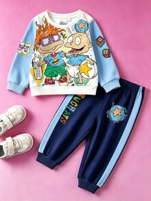 Nick 90s | SHEIN GraphicGems 男嬰淘氣小士兵印花 2 件套，對比色長袖圓領衛衣搭配圖案，側條紋鬆緊腰收口長褲，春秋休閒兒童日常穿搭套裝 - 藍色 - 查看 7