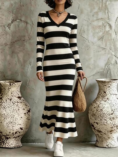 SHEIN Fashionable V-Neck Patchwork Contrast Color Black & White Striped Long Sleeve Exquisite Button Decor Women's Dress