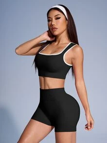 SHEIN Sovereign Charm 女士纯色罗纹运动背心和短裤套装 - 黑與白 - 查看 6