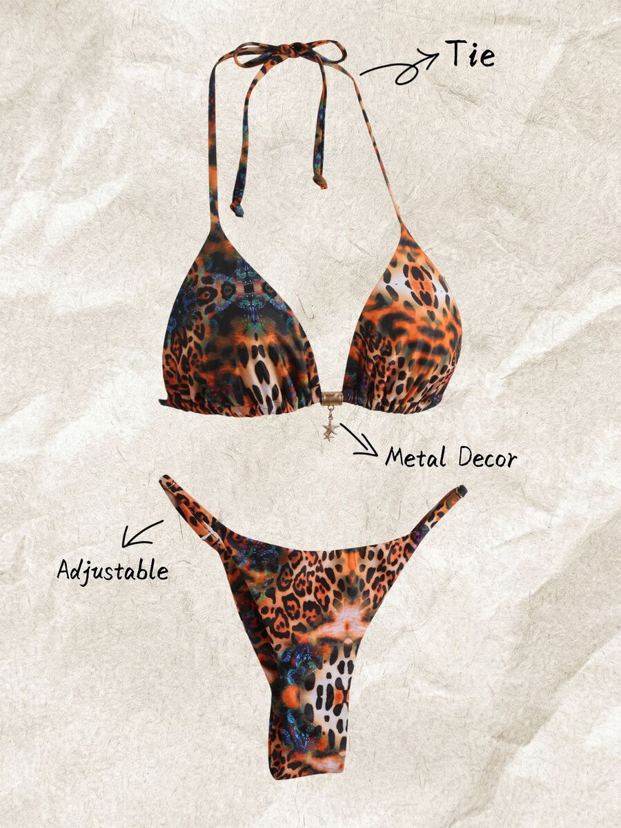 Elavelle Set Pakaian Renang Bikini Seksi Wanita Springbreak Motif Acak dengan Dekorasi Logam dan Model Halter, Pakaian Pantai Musim Panas - MultiWarna - View 1