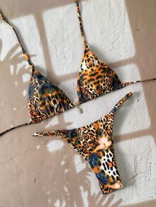 Elavelle Set Pakaian Renang Bikini Seksi Wanita Springbreak Motif Acak dengan Dekorasi Logam dan Model Halter, Pakaian Pantai Musim Panas - MultiWarna - View 4