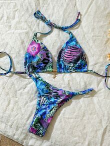 Elavelle 春假女士随机印花露背金属装饰性感比基尼泳装套装，夏季沙滩装 - 彩色 - 查看 4